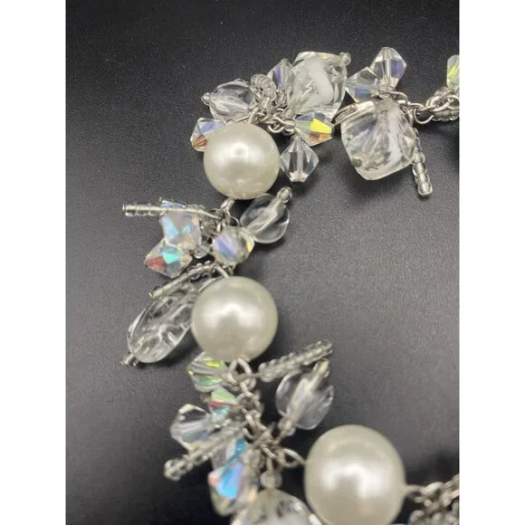 Faux White Pearl Bracelet AB Crystal Silver Tone Bridal Prom Pageant Fits 6.5" - Picture 5 of 8